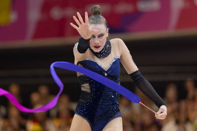 Rhythmic Gymnastics World Championships: Darja Varfolomeev of Germany during her ribbon routine. Rhythmic Gymnastics World Championships, August 11–16 at the Festhalle in Frankfurt am Main. Individual All-Around Final, places 1 through 9, Frankfurt am Main, Hesse, Germany, Festhalle