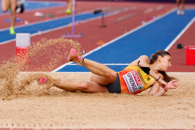 BIRMINGHAM, GREAT BRITAIN - AUGUST 15, 2026 : Sandrina SPRENGEL (GER Germany) competing in the long jump in the heptathlon during the European Athletics Championships at Alexander Stadium on August 15, 2026 in Birmingham, Great Britain. Great Britain Copyright: xLeahxKohringx