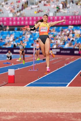 BIRMINGHAM, GREAT BRITAIN - AUGUST 15, 2026 : Sandrina SPRENGEL (GER Germany) competing in the long jump in the heptathlon during the European Athletics Championships at Alexander Stadium on August 15, 2026 in Birmingham, Great Britain. Great Britain Copyright: xLeahxKohringx