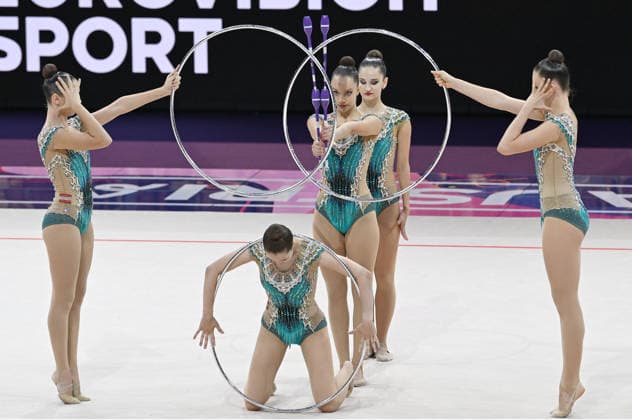August 15, 2026, xhbx, 2026 Rhythmic Gymnastics World Championships, from left: Team, Group, Austrian Team, Clubs, Hoop, Frankfurt am Main