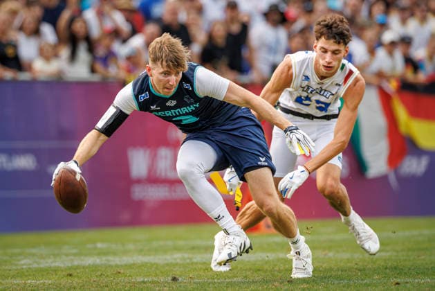 Quarterfinal: Italy (ITA) vs. Germany (GER), Day 3, Men s Division at the IFAF Flag Football Championships in Düsseldorf 2026, August 15, 2026, Düsseldorf, Germany. Justin Schlesinger (GER 3) during the quarterfinal match between Italy (ITA) and Germany (GER) on the third day of the Men’s IFAF Flag Football World Championships at the Bezirkssportanlage Düsseldorf Garath Copyright: xBEAUTIFULxSPORTS B.Hoffmannx