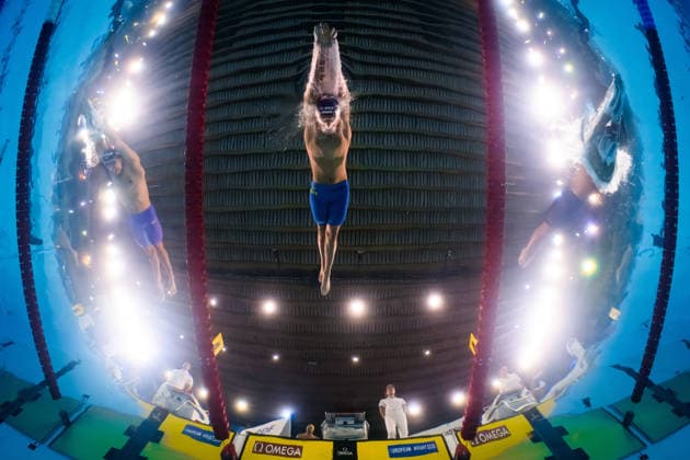 August 15, 2026: Jarno Baschnitt of Germany, Ludvig Bartolek of Sweden, and Tyler Melbourne Smith of Great Britain compete in the mixed 4x200-meter freestyle swimming relay heats during Day 16 of the 2026 European Aquatics Championships on August 15, 2026 in Saint Denis. Photo by Joel Marklund. BILDBYRAN code JM JM0844 bbeng swimming 2026 European Aquatics Championships European Championships relay Sweden  Copyright: JOELxMARKLUND BB260815JM043