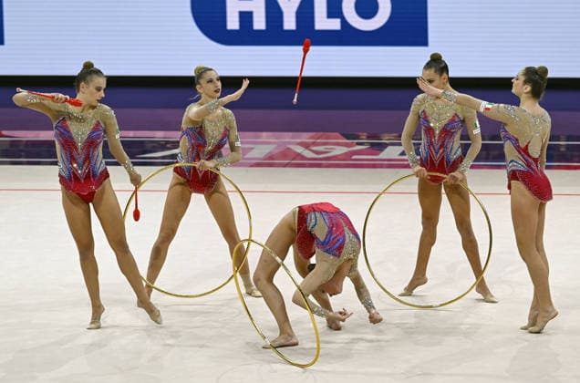 August 15, 2026, xhbx, 2026 Rhythmic Gymnastics World Championships, from left: Team, Group, Italy, Clubs, Hoop, Frankfurt am Main