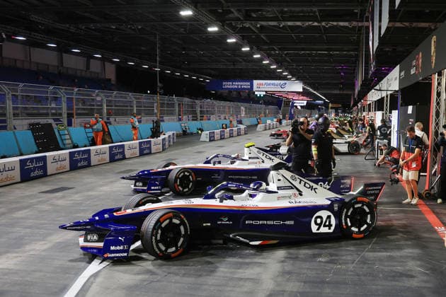 Pascal Wehrlein (GER) in Porsche 94 and Nico Mueller (SUI) in Porsche 51 on their way to the second free practice session, FIA Formula E World Championship, Season 12, London E-Prix, August 15, 2026, Excel Exhibition Center