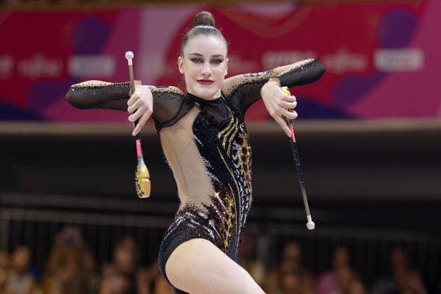 Rhythmic Gymnastics World Championships: Darja Varfolomeev of Germany during her clubs routine. Rhythmic Gymnastics World Championships, August 11–16 at the Festhalle in Frankfurt am Main. Individual All-Around Final, places 1 through 9, Frankfurt am Main, Hesse, Germany, Festhalle