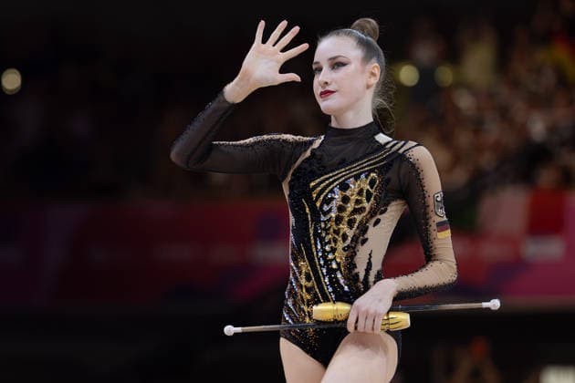 Rhythmic Gymnastics World Championships: Darja Varfolomeev of Germany during her clubs routine. Rhythmic Gymnastics World Championships, August 11–16 at the Festhalle in Frankfurt am Main. Individual All-Around Final, places 1 through 9, Frankfurt am Main, Hesse, Germany, Festhalle