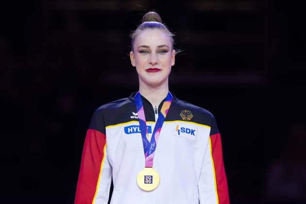 Rhythmic Gymnastics World Championships Award Ceremony: World Champion Darja Varfolomeev, Germany Rhythmic Gymnastics World Championships, August 11–16 at the Festhalle in Frankfurt am Main Individual All-Around Final, Places 1–9, Frankfurt am Main, Hesse, Germany, Festhalle