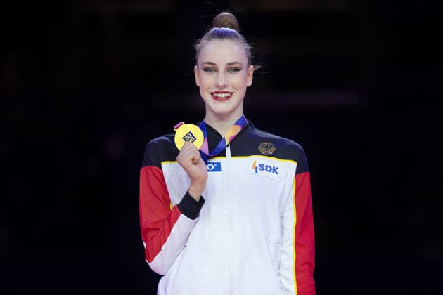 Rhythmic Gymnastics World Championships Award Ceremony: World Champion Darja Varfolomeev, Germany Rhythmic Gymnastics World Championships, August 11–16 at the Festhalle in Frankfurt am Main Individual All-Around Final, Places 1–9, Frankfurt am Main, Hesse, Germany, Festhalle