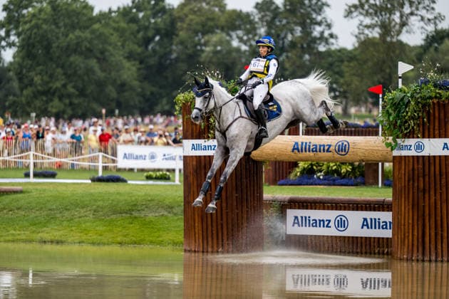 August 15, 2026: Louise Romeike of Sweden, riding Caspian, competes in the Eventing Cross Country on Day 5 of the 2026 FEI World Championships on August 15, 2026 in Aachen. Photo by Emma Wallskog. BILDBYRAN code EW EW0685 equestrian sports riding 2026 World Championships 2026 FEI World Championships BBENG equestrian sports World Championships eventing cross-country ride Sweden  Copyright: EMMAxWALLSKOG BB260815EW056