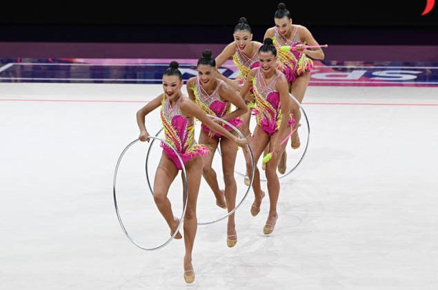 August 15, 2026, xhbx, 2026 Rhythmic Gymnastics World Championships, from left: Team, Group, Spain, 3 hoops, 2 clubs routine, Frankfurt am Main