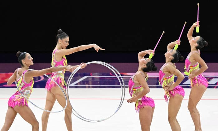 August 15, 2026, xhbx, 2026 Rhythmic Gymnastics World Championships, from left: Team, Group, Spain, 3 hoops, 2 clubs routine, Frankfurt am Main