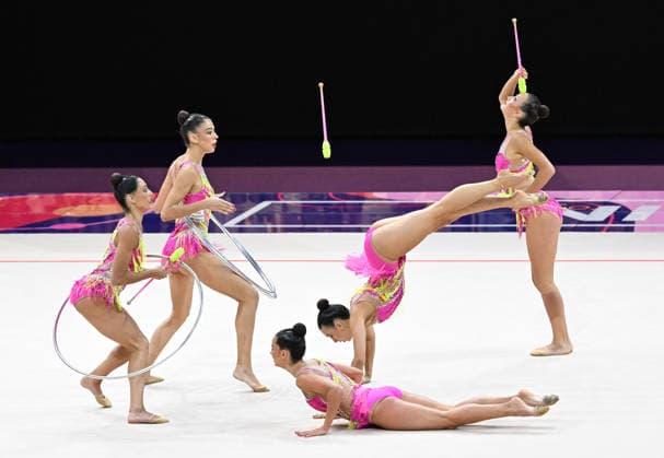 August 15, 2026, xhbx, 2026 Rhythmic Gymnastics World Championships, from left: Team, Group, Spain, 3 hoops, 2 clubs routine, Frankfurt am Main