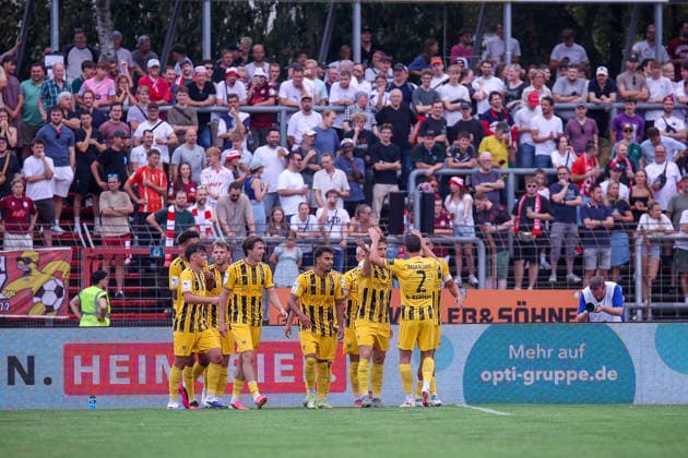 August 15, 2026, xsefx, Soccer, SC Fortuna Köln vs. TSV Alemannia Aachen, 3. Liga, Südstation, Matchday 2, 2026–2027 Season. Celebrations after the penalty kick goal that made it 1–0, scored by Mehdi Loune. Alemannia Aachen 10. DFB regulations prohibit any use of photographs as image sequences and or quasi-video. North Rhine-Westphalia, Germany