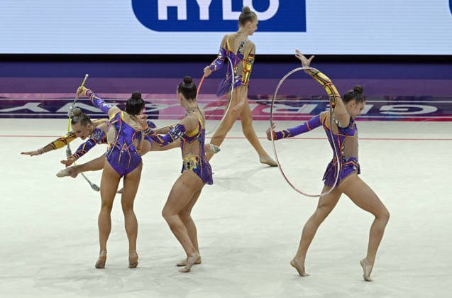 August 15, 2026, xhbx, 2026 Rhythmic Gymnastics World Championships, from left: Team, Group, Germany consists of Alisa Datsenko, Anja Kosan, Alina Ott, Helena Ripken, Anna Maria Shatokhin; 3 hoops, 2 clubs routine; Frankfurt am Main