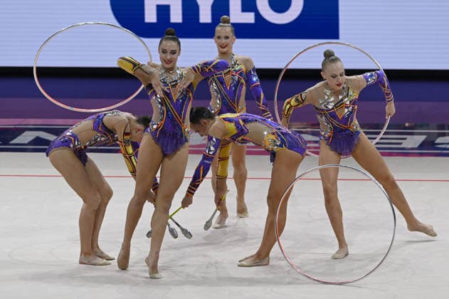 August 15, 2026, xhbx, 2026 Rhythmic Gymnastics World Championships, from left: Team, Group, Germany consists of Alisa Datsenko, Anja Kosan, Alina Ott, Helena Ripken, Anna Maria Shatokhin; 3 hoops, 2 clubs routine; Frankfurt am Main