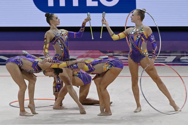 August 15, 2026, xhbx, 2026 Rhythmic Gymnastics World Championships, from left: Team, Group, Germany consists of Alisa Datsenko, Anja Kosan, Alina Ott, Helena Ripken, Anna Maria Shatokhin; 3 hoops, 2 clubs routine; Frankfurt am Main