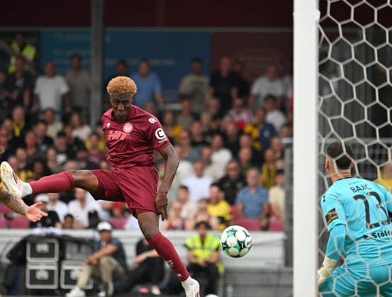 August 15, 2026 xophax, Soccer 3rd Division, SC Fortuna Cologne vs. Alemannia Aachen Romeo Aigbekaen, left: Fortuna Cologne; goalkeeper Stefan Bajic, right: Alemannia Aachen Cologne