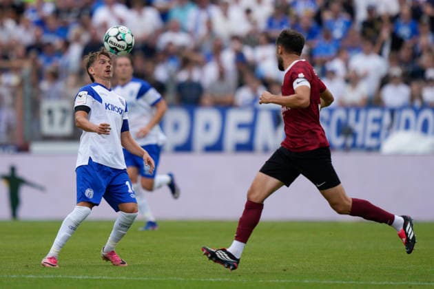 August 15, 2026, Hänsch Arena, Meppen, GER, 3rd Division, Matchday 2: SV Meppen vs. SG Sonnenhof Großaspach, header by Thorben Deters, SV Meppen 14. DFL regulations prohibit any use of photographs as image sequences and or quasi-video. Meppen, Lower Saxony, Hänsch Arena
