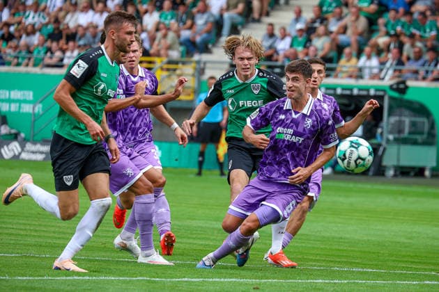 August 15, 2026, xsscx, Soccer 3rd Division, Preußen Münster vs. FC Ingolstadt 04, Matchday 2, LVM Preußenstadion, 2026–2027 Season: Ryan Johansson’s team, SC Preußen Münster 20, scores the 1–0 goal. DFB regulations prohibit any use of photographs as image sequences and or quasi-video. North Rhine-Westphalia, Germany