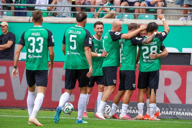 August 15, 2026, xsscx, Soccer 3rd Division, Preußen Münster vs. FC Ingolstadt 04, Matchday 2, LVM Preußenstadion, 2026–2027 Season. The Preußen Münster team celebrates the 1–0 goal scored by Ryan Johansson. SC Preußen Münster 20. DFB regulations prohibit any use of photographs as image sequences and or quasi-video. North Rhine-Westphalia, Germany