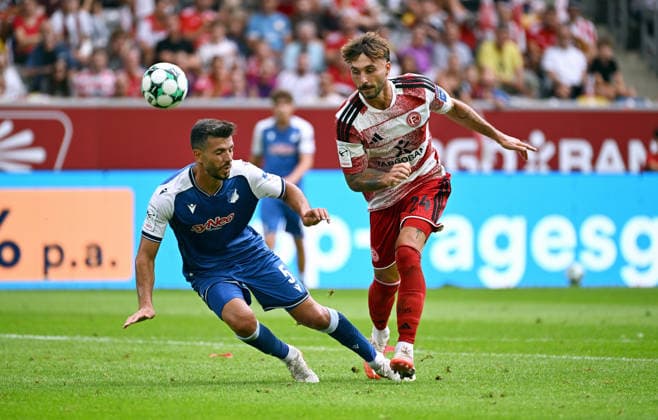 Düsseldorf, Germany, 3. Liga, Matchday 2, Merkur Spiel Arena Düsseldorf, Fortuna Düsseldorf vs. TSG Hoffenheim II Fabian Schleusener F95, Klaus Gjasula HOF Action