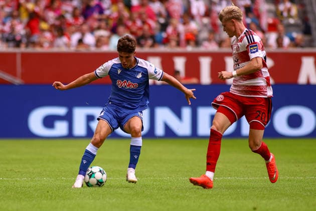 August 15, 2026, GER, Soccer, Men s, 3rd Division, 2026–2027 Season, Fortuna Düsseldorf vs. TSG Hoffenheim II: Matthew Moore (TSG II) and Felix Meiser (F95) battle for the ball Copyright: xSvenxHanischx