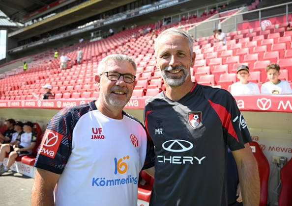 August 15, 2026, xsltx, Soccer Friendly Match, FSV Mainz 05 vs. AFC Bournemouth: In good spirits before kickoff—Urs Fischer, head coach of FSV Mainz 05, and Marco Rose, head coach of AFC Bournemouth. DFL and DFB regulations prohibit any use of photographs as image SEQUENCES and or QUASI-VIDEO