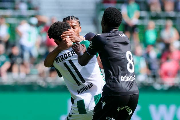 Clement Akpa of AJ Auxerre and Justin Njinmah of Werder Bremen clash and fight each other during the friendly match between Werder Bremen and AJ Auxerre at Weserstadion on August 15, 2026, in Bremen, Germany Photo by Marco Steinbrenner DeFodi Images Clement Akpa of AJ Auxerre and Justin Njinmah of Werder Bremen clash and fight each other during the friendly match between Werder Bremen and AJ Auxerre at the Weserstadion on August 15, 2026 in Bremen, Germany. Photo by Marco Steinbrenner, DeFodi Images. Photo by Marco Steinbrenner, DeFodi Images.