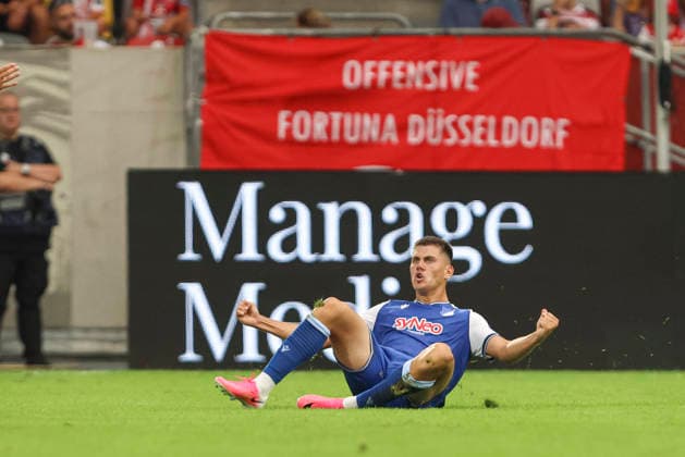 Jakov Dedic of TSG Hoffenheim II celebrates after scoring his team s second goal during the 3. Liga match between Fortuna Düsseldorf and TSG 1899 Hoffenheim II at the Merkur Spiel Arena on August 15, 2026, in Düsseldorf, Germany. Photo by Oliver Kaelke, DeFodi Images. Jakov Dedic of TSG Hoffenheim II celebrates after scoring his team’s second goal during the 3. Liga match between Fortuna Düsseldorf and TSG 1899 Hoffenheim II at Merkur Spiel Arena on August 15, 2026 in Düsseldorf, Germany. Photo by Oliver Kaelke, DeFodi Images. DFB and DFL regulations prohibit any use of photographs as image sequences and or quasi-video. Photo by Oliver Kaelke, DeFodi Images.