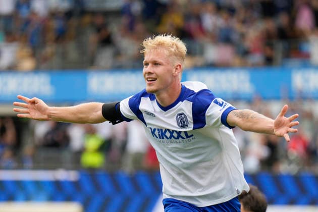 August 15, 2026, Hänsch Arena, Meppen, GER, 3rd Division, Matchday 2: SV Meppen vs. SG Sonnenhof Großaspach, Luca Prasse of SV Meppen 31 celebrates after scoring the 2–0 goal. DFL REGULATIONS PROHIBIT ANY USE OF PHOTOGRAPHS AS IMAGE SEQUENCES AND OR QUASI-VIDEO. Meppen, Lower Saxony, Hänsch Arena