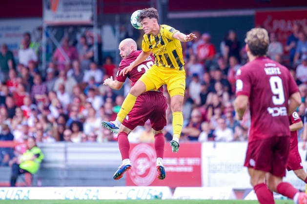 August 15, 2026, xsefx, Soccer, SC Fortuna Köln vs. TSV Alemannia Aachen, 3rd Division, Südstation, Matchday 2, 2026–2027 Season: Faton Ademi (Alemannia Aachen, No. 36) in a tackle against Adrian Stanilewicz (Fortuna Cologne, No. 20). DFB regulations prohibit any use of photographs as image sequences and or quasi-video. North Rhine-Westphalia, Germany