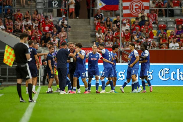 August 15, 2026, Germany, Soccer, Men s, 3rd Division, 2026–2027 Season, Fortuna Düsseldorf vs. TSG Hoffenheim II, Jakov Dedic (TSG II) celebrates the goal, cheering with his team after scoring to make it 0–2 Copyright: xSvenxHanischx
