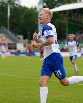 August 15, 2026, Hänsch Arena, Meppen, GER, 3rd Division, Matchday 2: SV Meppen vs. SG Sonnenhof Großaspach, Luca Prasse of SV Meppen 31 celebrates after scoring the 2–0 goal. DFL REGULATIONS PROHIBIT ANY USE OF PHOTOGRAPHS AS IMAGE SEQUENCES AND OR QUASI-VIDEO. Meppen, Lower Saxony, Hänsch Arena
