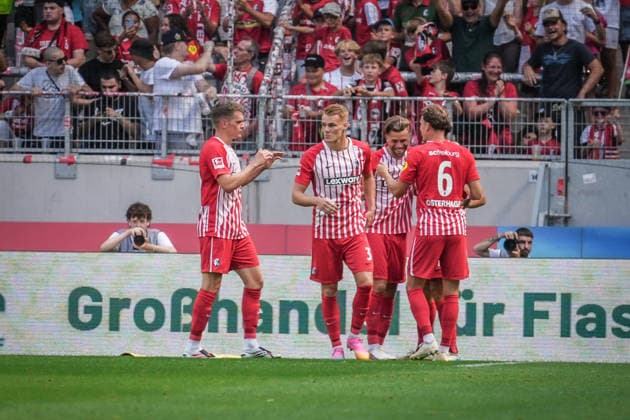 Friendly Match: SC Freiburg vs. Crystal Palace, August 15, 2026—Celebration of the 2–0 goal by Lucas Höler (SC Freiburg), 9. Friendly Match: SC Freiburg vs. Crystal Palace, Europa-Park Stadium, August 15, 2026 DFB and DFL regulations prohibit any use of photographs as image sequences and or quasi-video. Copyright: xBEAUTIFULxSPORTS Boscox