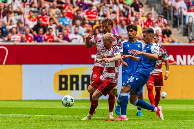 Jomaine Consbruch, Fortuna Düsseldorf, 14, on the shot, Fabian Schleusener, Fortuna Düsseldorf, 24, Jakov Dedic, TSG Hoffenheim II, 36, Fortuna Düsseldorf vs. TSG Hoffenheim II, Soccer, 3rd Division, Matchday 2, 2026–27 Season, August 15, 2026, DFL regulations prohibit any use of photographs as image sequences and or quasi-video. Fortuna Düsseldorf vs. TSG Hoffenheim II, soccer, 3. Liga, Matchday 2, 2026–27 Season, August 15, 2026, Düsseldorf Copyright: xEibner-Pressefoto LukasxBaldygax EP_LBA