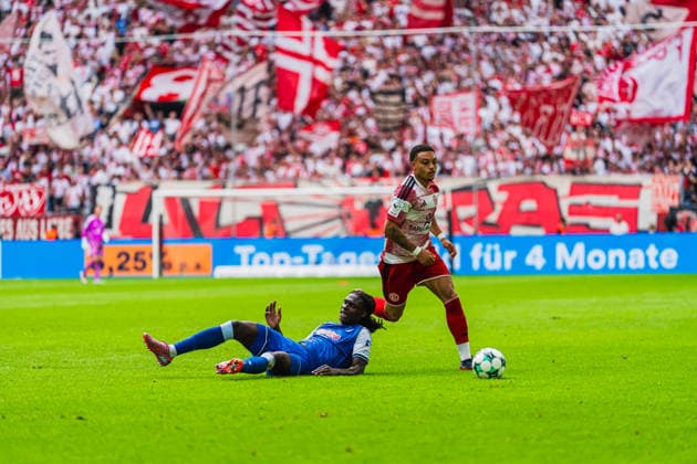 Blessing Makanda of TSG Hoffenheim II, 17, on the ground during a tackle against Steven van der Sloot of Fortuna Düsseldorf, 02 Fortuna Düsseldorf vs. TSG Hoffenheim II, Soccer, 3. Liga, Matchday 02, 2026–27 Season, August 15, 2026, DFL regulations prohibit any use of photographs as image sequences and or quasi-video, Fortuna Düsseldorf vs. TSG Hoffenheim II, soccer, 3. Liga, Matchday 2, 2026–27 Season, August 15, 2026, Düsseldorf Copyright: xEibner-Pressefoto LukasxBaldygax EP_LBA