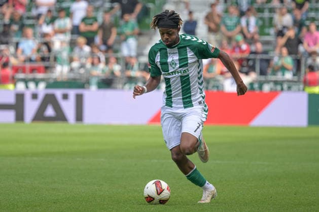 Samuel Mbangula, SV Werder Bremen 7, SV Werder Bremen vs. AJ Auxerre, soccer, Bundesliga, friendly match, August 15, 2026. DFB regulations prohibit any use of photographs as image sequences and or quasi-video. Bremen, Bremen, Germany Copyright: xkolbert-press BurghardxSchreyerx