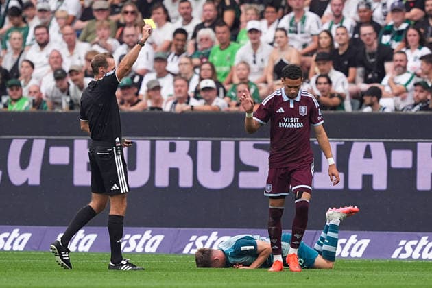 August 15, 2026, xydrx, Men s, Soccer, Season Opener, Borussia Mönchengladbach vs. Aston Villa, 2026–2027 Season, at Borussia Park; referee Sascha Stegemann shows Alysson Edward of Aston Villa (No. 47) a yellow card. DFB regulations prohibit any use of photographs as image sequences and or quasi-video. Copyright: HMBxMedia YannisxDreimann