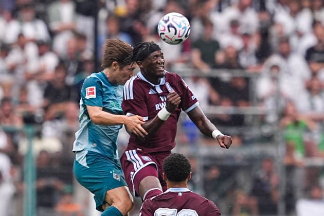 August 15, 2026, xydrx, Men s, Soccer, Season opener, Borussia Mönchengladbach vs. Aston Villa, 2026–2027 season, at Borussia Park, Daiki Hashioka of Borussia Mönchengladbach, No. 14, in a tackle against Tammy Abraham of Aston Villa, No. 18. DFB regulations prohibit any use of photographs as image sequences and or quasi-video. Copyright: HMBxMedia YannisxDreimann