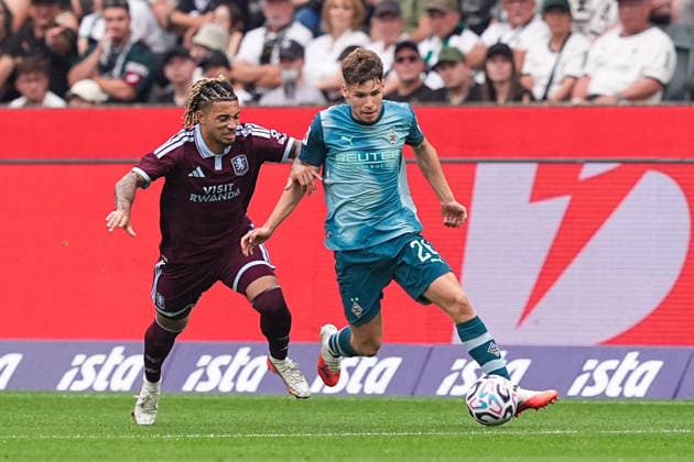August 15, 2026, xydrx, Men s, Soccer, Season opener, Borussia Mönchengladbach vs. Aston Villa, 2026–2027 season, at Borussia Park: Alysson Edward of Aston Villa, No. 47, in a tackle against Lukas Ullrich of Borussia Mönchengladbach, No. 26. DFB regulations prohibit any use of photographs as image sequences and or quasi-video. Copyright: HMBxMedia YannisxDreimann