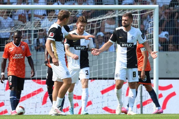 August 15, 2026, xrekx, Soccer Friendly Match, SV Elversberg vs. FC Lorient – Lukasz Poreba of SV 07 Elversberg scores the goal, goal, scores the goal to make it 1–0. DFL and DFB regulations prohibit any use of photographs as image sequences and or quasi-video. Elversberg