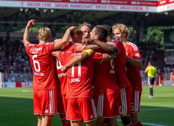 Soccer, Men s, 2026–2027 Season, Friendly Match, 1. FC Union Berlin vs. Ipswich Town, from left: Aljoscha Kemlein (1. FC Union Berlin), Zeno Van Den Bosch (1. FC Union Berlin), Woo Yeong Jeong, 1. FC Union Berlin; Marvin Friedrich, 1. FC Union Berlin; Rani Khedira, 1. FC Union Berlin; Ilyas Ansah, 1. FC Union Berlin; Tom Rothe, 1. FC Union Berlin; celebration after the 1–0 goal, August 15, 2026, Copyright: xSebastianxRäppold MatthiasxKochx