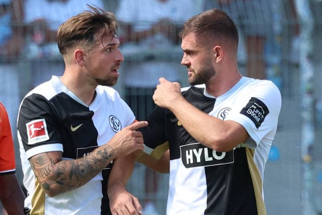 August 15, 2026, xrekx, Soccer Friendly Match, SV Elversberg vs. FC Lorient, Luca Schnellbacher, SV 07 Elversberg, Lukasz Poreba, SV 07 Elversberg scores the goal, goal, scores the goal to make it 1–0. DFL and DFB regulations prohibit any use of photographs as image sequences and or quasi-video. Elversberg