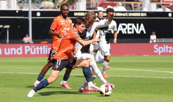 August 15, 2026, Soccer, Men s, Friendly, 2026–2027 Season, SV 07 Elversberg vs. FC Lorient, Theo Le Bris (FC Lorient) vs. Cole Campbell (SV 07 Elversberg), Ursapharm Arena in Elversberg, Saarland, Germany (DEU) Copyright: xFabianxKleerx