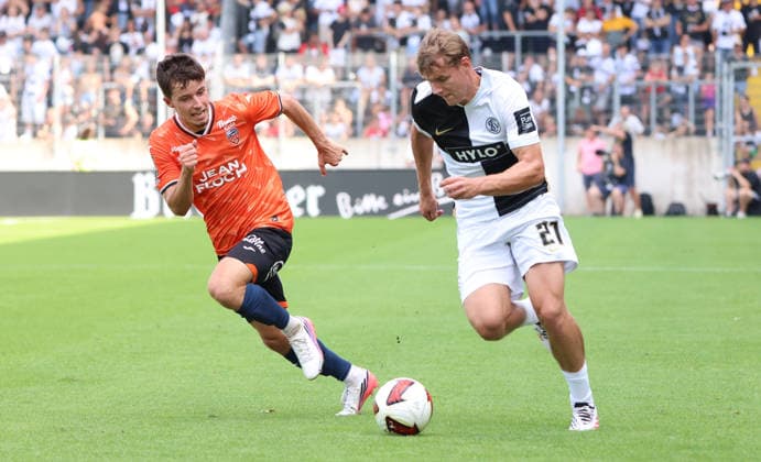 August 15, 2026, Soccer, Men s, Friendly, 2026–2027 Season, SV 07 Elversberg vs. FC Lorient, Theo Le Bris (FC Lorient) vs. Lasse Günther (SV 07 Elversberg), Ursapharm Arena in Elversberg, Saarland, Germany (DEU) Copyright: xFabianxKleerx
