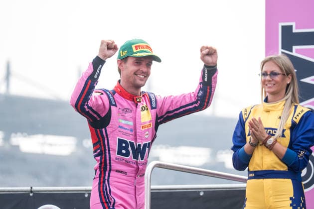 August 15, 2026, GER, Motorsports, ADAC DTM, 2026 Season, Nürburgring race winner Matteo Cairoli of Italy, Emil Frey Racing, Ferrari 296 GT3, 14, celebrates on the podium after winning Saturday’s DTM race at the Nürburgring, Nürburg, Rhineland-Palatinate, Germany Copyright: xnordphotoxGmbHx xKnabx