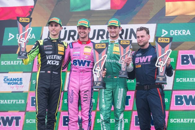 August 15, 2026, GER, Motorsports, ADAC DTM, 2026 Season, Nürburgring Race Winner Matteo Cairoli (Italy), Emil Frey Racing, Ferrari 296 GT3, 14, Runner-up Thomas Preining (Austria), Manthey, Porsche 911 GT3 R, 91, and third-place finisher Marco Wittmann (Germany), Schubert Motorsport, BMW M4 GT3 Evo, 11, celebrate on the podium at the Nürburgring in Rhineland-Palatinate, Germany Copyright: xnordphotoxGmbHx xKnabx
