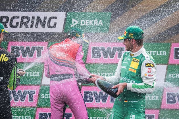 August 15, 2026, GER, Motorsports, ADAC DTM, 2026 Season, Nürburgring Race Winner Matteo Cairoli (Italy), Emil Frey Racing, Ferrari 296 GT3, 14, Runner-up Thomas Preining (Austria), Manthey, Porsche 911 GT3 R, 91, and third-place finisher Marco Wittmann (Germany), Schubert Motorsport, BMW M4 GT3 Evo, 11, celebrate on the podium at the Nürburgring in Rhineland-Palatinate, Germany Copyright: xnordphotoxGmbHx xKnabx