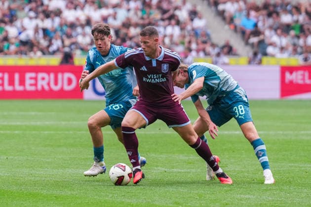 August 15, 2026, xydrx, Men s, Soccer, Season Opener, Borussia Mönchengladbach vs. Aston Villa, 2026–2027 season, ista, Borussia Park, Philipp Sander (Borussia Mönchengladbach), 16, and Hugo Bolin (Borussia Mönchengladbach), 38, in a tackle against Ross Barkley (Aston Villa), 6. DFB regulations prohibit any use of photographs as image sequences and or quasi-video. Copyright: HMBxMedia YannisxDreimann