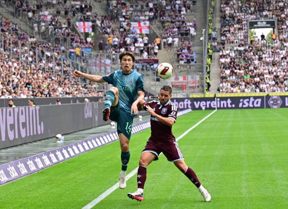 August 15, 2026, Mönchengladbach Soccer, Men s, 2026–2027 season, Friendly match: Borussia Mönchengladbach vs. Aston Villa. Tackle between (from left) Daiki Hashioka (Gladbach) and Emiliano Buendia (Aston Villa). DFL regulations prohibit any use of photographs as image sequences and or quasi-video content. Borussia Park, North Rhine-Westphalia, Germany